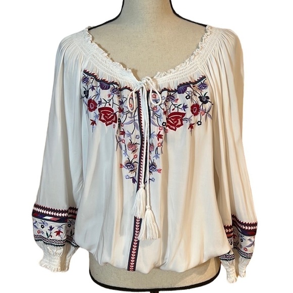 Parker Boho White Embroidered Long Sleeve Pullover Top Sz-M - Picture 1 of 7